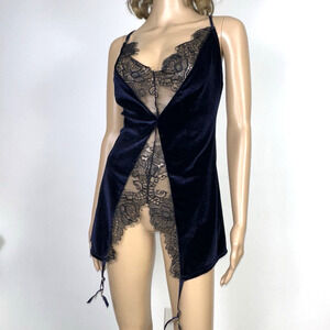 Dreamgirl Stretch Velvet Eyelash Slip Dark Blue Black Lace Chemise XL Garters